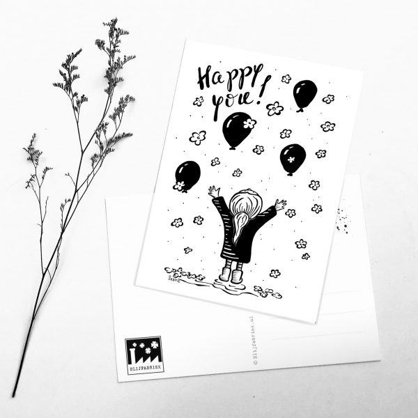 ansichtkaart met ballonnen en confetti voor verjaardag of feest