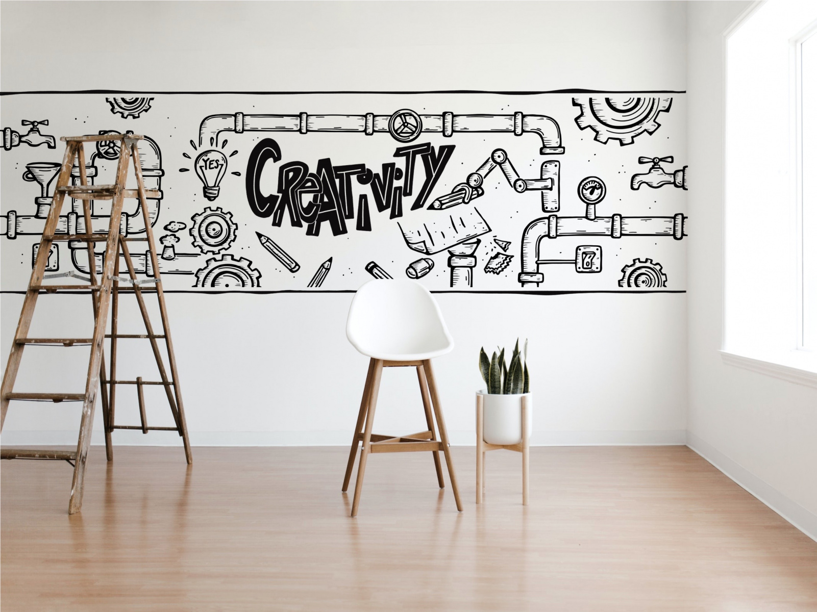 Een zakelijke maar creatieve muurtekening in een kantoorruimte als lijntekening in zwart op een witte muur.