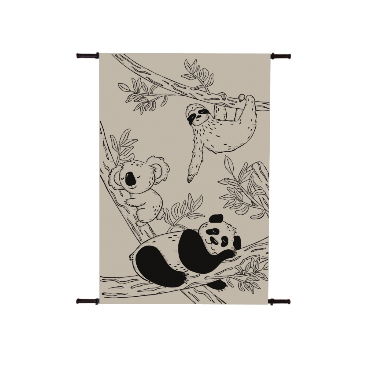 Chill Friends. Panda, koala & luiaard illustratie. Deze lijntekening is geschikt voor muurtekenig, poster, wandkleed en kaarten