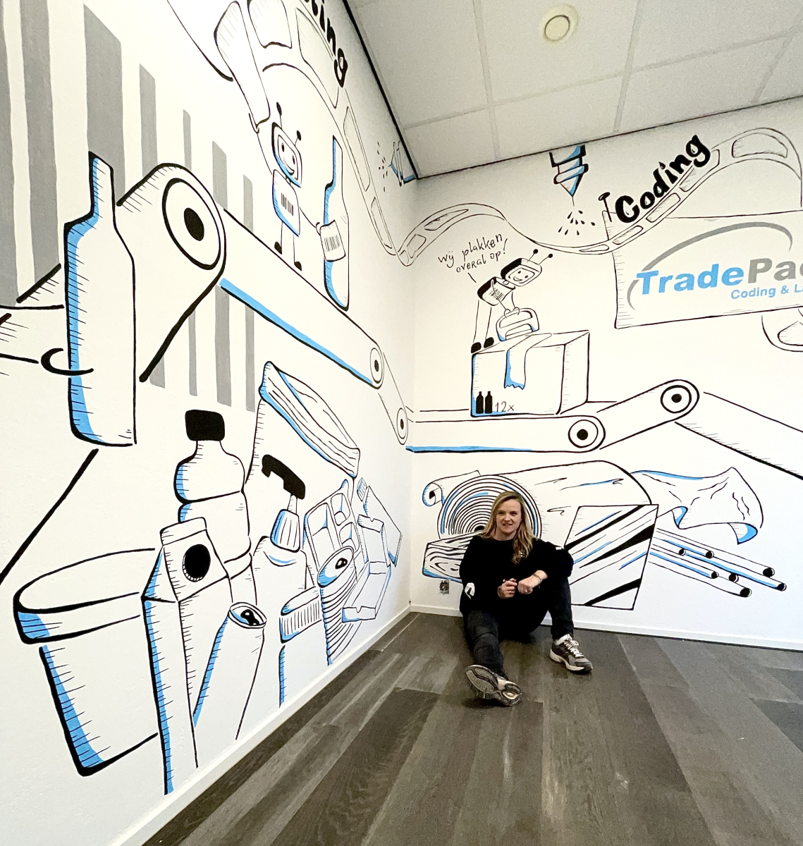 Muurtekening voor een bedrijf met storytelling over diensten en waarden uitgevoerd in lijn met de huisstijl en identiteit.