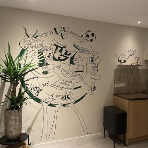 Handgetekende persoonlijke muurtekening in woonkamer afgestemd op interieur, verhaal en kleur